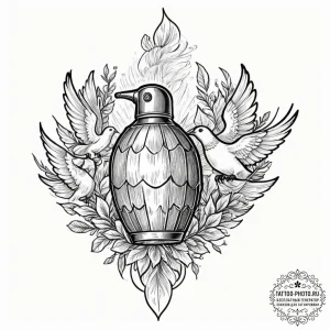 Tattoo design, a grenade, from which a flock... - эскиз тату (№1751557994_0, 03.07.2025 15:53) — tattoo-photo.ru