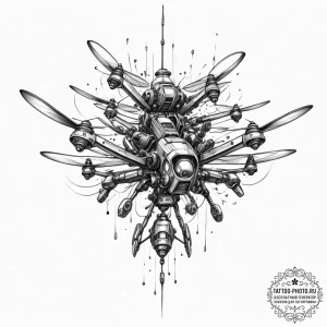 Tattoo design, a swarm of fpv drones stylized... - эскиз тату (№1751559784_0, 03.07.2025 16:23) — tattoo-photo.ru