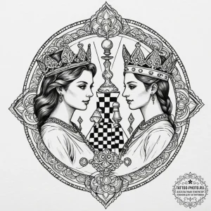 Tattoo design, two crowned kings playing ches... - эскиз тату (№1751560043_0, 03.07.2025 16:27) — tattoo-photo.ru