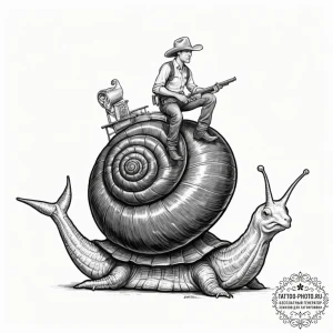 Tattoo design, a cowboy riding a giant snail,... - эскиз тату (№1751560217_0, 03.07.2025 16:30) — tattoo-photo.ru
