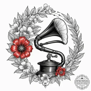 Tattoo design, a gramophone, its horn is bloo... - эскиз тату (№1751560865_0, 03.07.2025 16:41) — tattoo-photo.ru