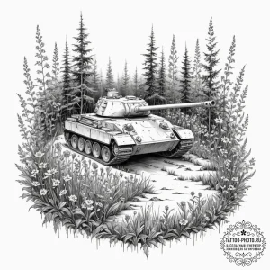 Tattoo design, a modern tank, half-buried in... - эскиз тату (№1751562309_0, 03.07.2025 17:05) — tattoo-photo.ru