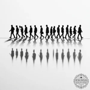 Tattoo design, a row of people walking in lin... - эскиз тату (№1751562823_0, 03.07.2025 17:13) — tattoo-photo.ru