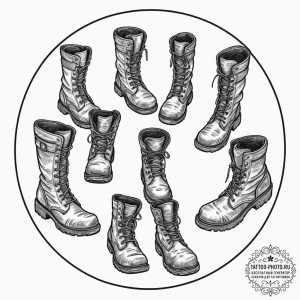 Tattoo design, four pairs of boots belonging... - эскиз тату (№1751567082_0, 03.07.2025 18:24) — tattoo-photo.ru
