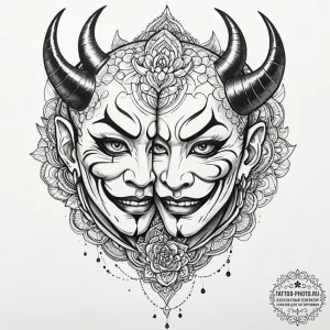Tattoo design, a hannya mask, split in half,... - эскиз тату (№1751567427_0, 03.07.2025 18:30) — tattoo-photo.ru