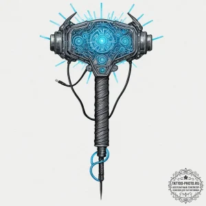 Tattoo design, mjolnir made of circuitry and... - эскиз тату (№1751568720_0, 03.07.2025 18:52) — tattoo-photo.ru