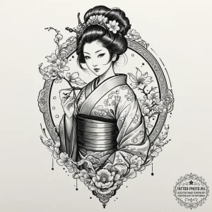 Tattoo design, an android geisha, her kimono... - эскиз тату (№1751569324_0, 03.07.2025 19:02) — tattoo-photo.ru