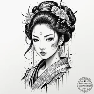 Tattoo design, a beautiful geisha portrait, h... - эскиз тату (№1751572447_0, 03.07.2025 19:54) — tattoo-photo.ru