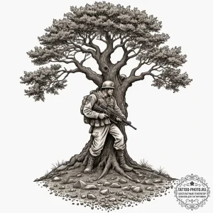 Tattoo design, a soldier morphing into a tree... - эскиз тату (№1751573383_0, 03.07.2025 20:09) — tattoo-photo.ru