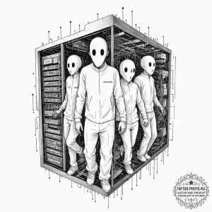 Tattoo design, "ghosts in the machine", depic... - эскиз тату (№1751575357_0, 03.07.2025 20:42) — tattoo-photo.ru