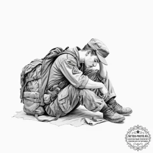 Tattoo design, a soldier asleep, using their... - эскиз тату (№1751578879_0, 03.07.2025 21:41) — tattoo-photo.ru