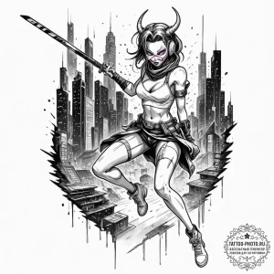Tattoo sleeve design, tech-noir manga style,... - эскиз тату (№1751579050_0, 03.07.2025 21:44) — tattoo-photo.ru
