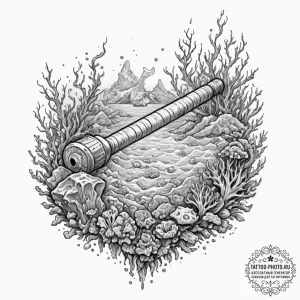 Tattoo design, mjolnir lying on the seafloor,... - эскиз тату (№1751580680_0, 03.07.2025 22:11) — tattoo-photo.ru