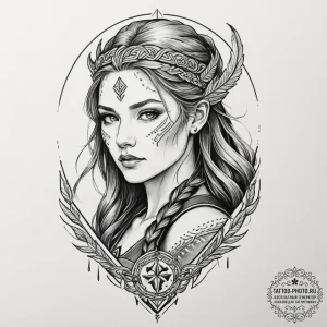Tattoo design, a shieldmaiden's portrait, her... - эскиз тату (№1751580852_0, 03.07.2025 22:14) — tattoo-photo.ru