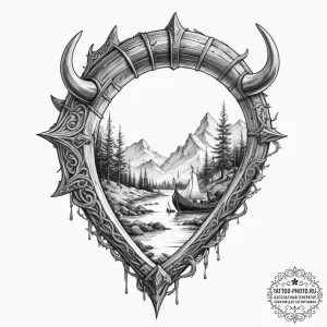 Tattoo design, a viking settlement viewed thr... - эскиз тату (№1751582819_0, 03.07.2025 22:46) — tattoo-photo.ru