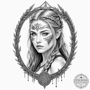 Tattoo design, a shieldmaiden's portrait, her... - эскиз тату (№1751585053_0, 03.07.2025 23:24) — tattoo-photo.ru
