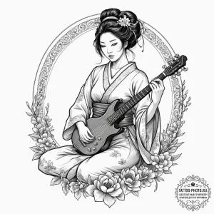 Tattoo design, a beautiful geisha playing a s... - эскиз тату (№1751585911_0, 03.07.2025 23:38) — tattoo-photo.ru