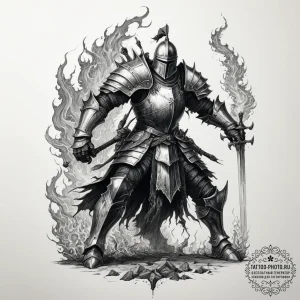 Tattoo design, a knight in ornate, dark armor... - эскиз тату (№1751586853_0, 03.07.2025 23:54) — tattoo-photo.ru