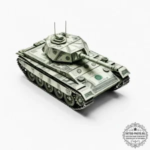 Tattoo design, a tank, made of folded money (... - эскиз тату (№1751591425_0, 04.07.2025 01:10) — tattoo-photo.ru