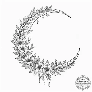 Tattoo design, a crescent moon, with wildflow... - эскиз тату (№1751591686_0, 04.07.2025 01:14) — tattoo-photo.ru
