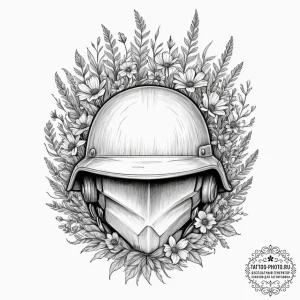 Tattoo design, a soldier's helmet, overgrown... - эскиз тату (№1751591771_0, 04.07.2025 01:16) — tattoo-photo.ru