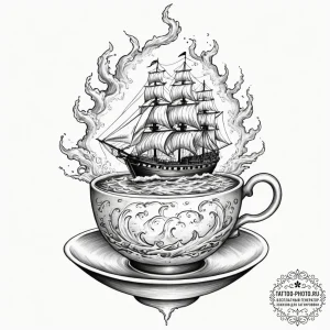 Tattoo design, a traditional ship sailing on... - эскиз тату (№1751591857_0, 04.07.2025 01:17) — tattoo-photo.ru
