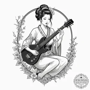 Tattoo design, a beautiful geisha playing a s... - эскиз тату (№1751592203_0, 04.07.2025 01:23) — tattoo-photo.ru