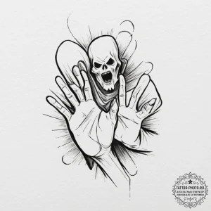 Tattoo design, handpoke style, a ghost trying... - эскиз тату (№1751593667_0, 04.07.2025 01:47) — tattoo-photo.ru