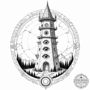 Tattoo design, a panopticon tower, with the a... - эскиз тату (№1751597086_0, 04.07.2025 02:44) — tattoo-photo.ru