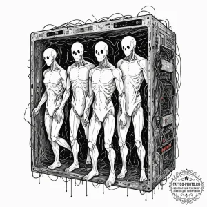 Tattoo design, "ghosts in the machine", depic... - эскиз тату (№1751597922_0, 04.07.2025 02:58) — tattoo-photo.ru