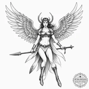 Tattoo design, a valkyrie, but instead of a s... - эскиз тату (№1751598182_0, 04.07.2025 03:03) — tattoo-photo.ru