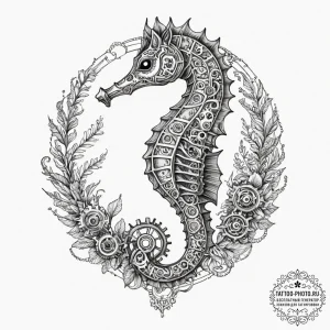Tattoo design, a seahorse, its body is made o... - эскиз тату (№1751598525_0, 04.07.2025 03:08) — tattoo-photo.ru