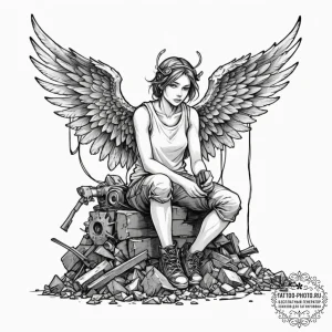 Tattoo sleeve design, junkyard angel, a chara... - эскиз тату (№1751599123_0, 04.07.2025 03:18) — tattoo-photo.ru