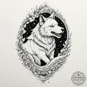 Tattoo design, a majestic wolf, its fur is ma... - эскиз тату (№1751602487_0, 04.07.2025 04:14) — tattoo-photo.ru