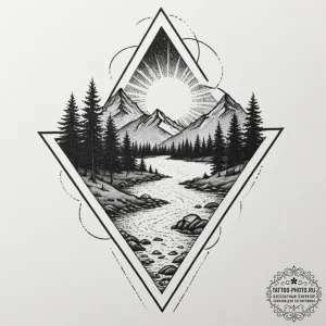 Tattoo design, a landscape with a mountain, s... - эскиз тату (№1751606108_0, 04.07.2025 05:15) — tattoo-photo.ru