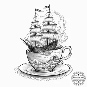 Tattoo design, a traditional ship sailing on... - эскиз тату (№1751606545_0, 04.07.2025 05:22) — tattoo-photo.ru