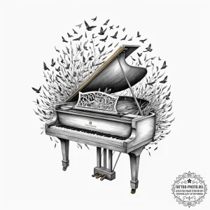 Tattoo design, a grand piano, its keys morph... - эскиз тату (№1751607721_0, 04.07.2025 05:42) — tattoo-photo.ru
