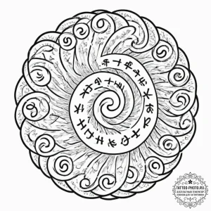 Tattoo design, runes arranged in a spiral, li... - эскиз тату (№1751607983_0, 04.07.2025 05:46) — tattoo-photo.ru