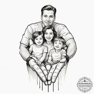 Tattoo design, a torn photograph of a family,... - эскиз тату (№1751608584_0, 04.07.2025 05:56) — tattoo-photo.ru