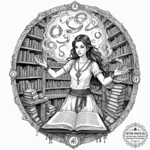 Tattoo sleeve design, arcane library, a power... - эскиз тату (№1751608844_0, 04.07.2025 06:00) — tattoo-photo.ru