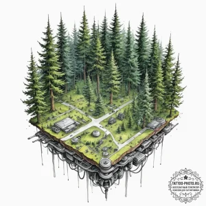 Tattoo design, drone's view of a forest, but... - эскиз тату (№1751609015_0, 04.07.2025 06:03) — tattoo-photo.ru
