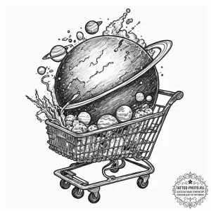 Tattoo design, planet earth in a shopping car... - эскиз тату (№1751609618_0, 04.07.2025 06:13) — tattoo-photo.ru