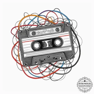Tattoo design, handpoke style, a cassette tap... - эскиз тату (№1751609704_0, 04.07.2025 06:15) — tattoo-photo.ru
