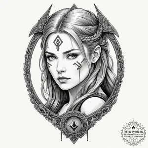 Tattoo design, a shieldmaiden's portrait, her... - эскиз тату (№1751609961_0, 04.07.2025 06:19) — tattoo-photo.ru
