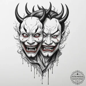 Tattoo design, a hannya mask, split in half,... - эскиз тату (№1751611250_0, 04.07.2025 06:40) — tattoo-photo.ru