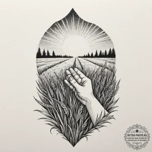 A person's hand reaching out to touch a field... - эскиз тату (№1751614925_0, 04.07.2025 07:42) — tattoo-photo.ru