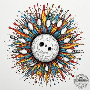 A shot of a bowling ball hitting the pins, an... - эскиз тату (№1751615713_0, 04.07.2025 07:55) — tattoo-photo.ru