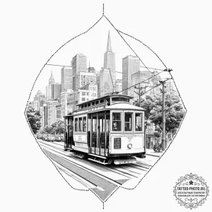 A street-level view of the iconic cable cars... - эскиз тату (№1751617390_0, 04.07.2025 08:23) — tattoo-photo.ru