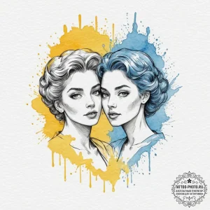 Tattoo sketch gemini twins, one a cool blue,... - эскиз тату (№1751620025_0, 04.07.2025 09:07) — tattoo-photo.ru