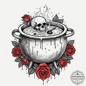 Tattoo sketch a bubbling cauldron with game c... - эскиз тату (№1751621480_0, 04.07.2025 09:31) — tattoo-photo.ru